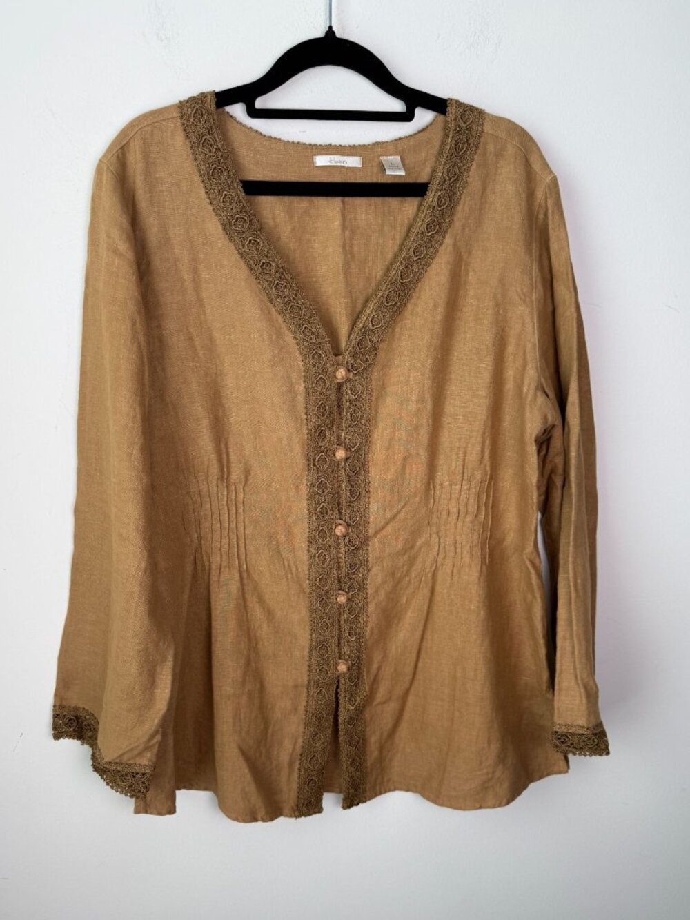 Kleen 100% Linen Button Front Tunic Blouse Lace Trim Tan L Romantic Boho Folk